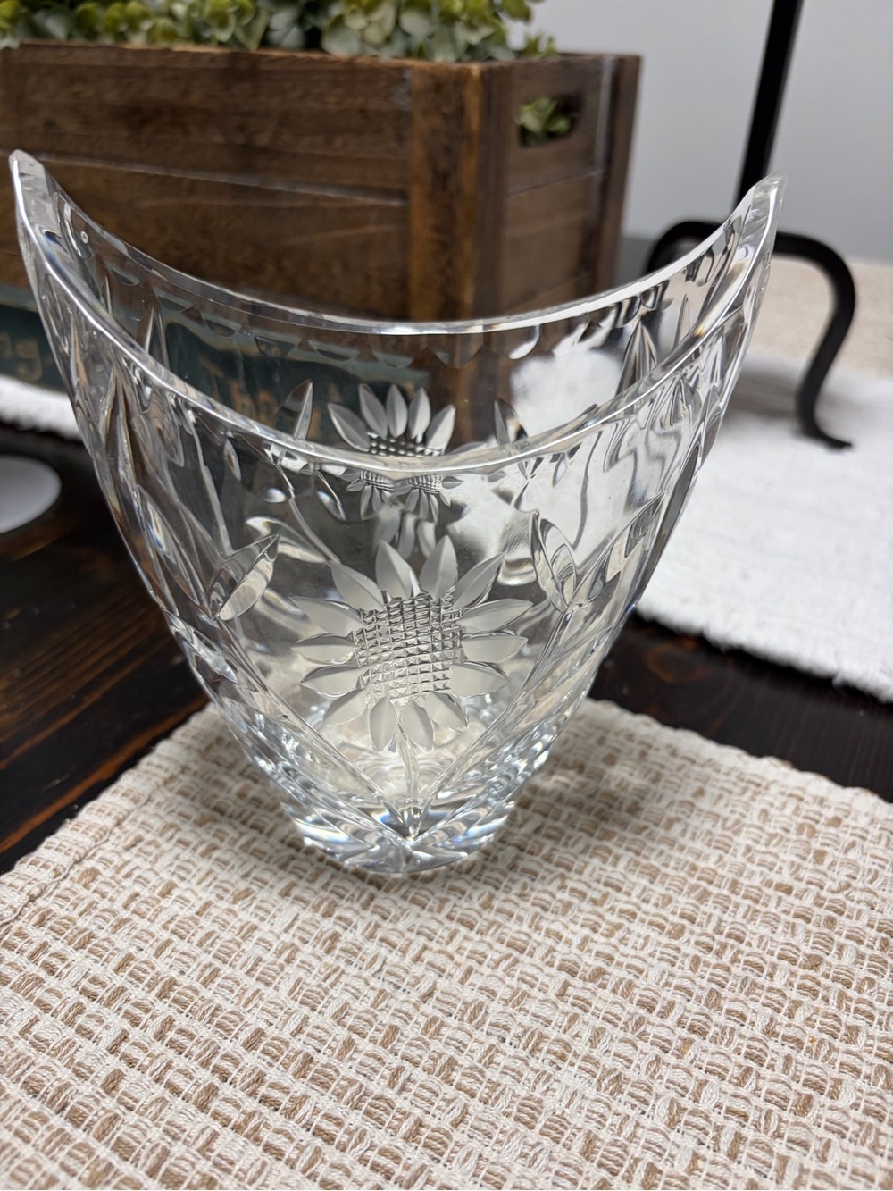 Vintage West German Margaret hand cut lead Crystal Boat base. Sunflower design.